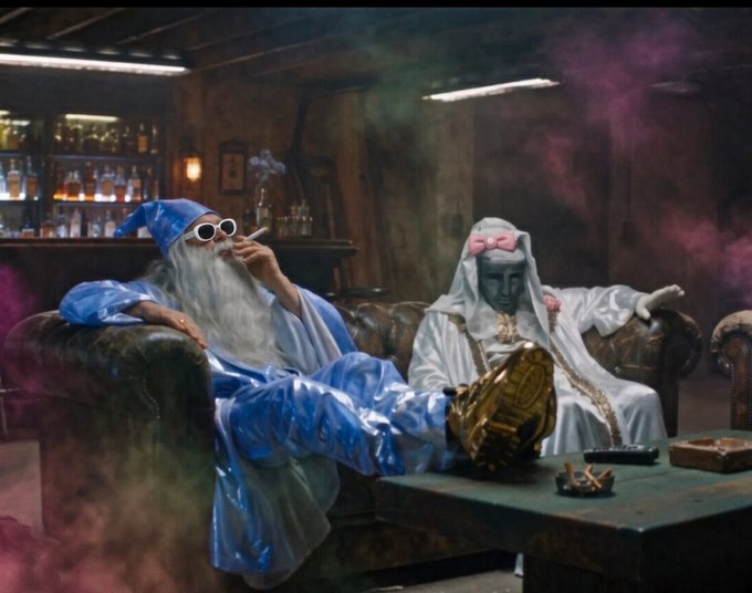 Two figures in elaborate costumes—one with a long beard and blue attire, the other in white with a pink bow—sit on a leather couch in a smoky room with a gold trophy.