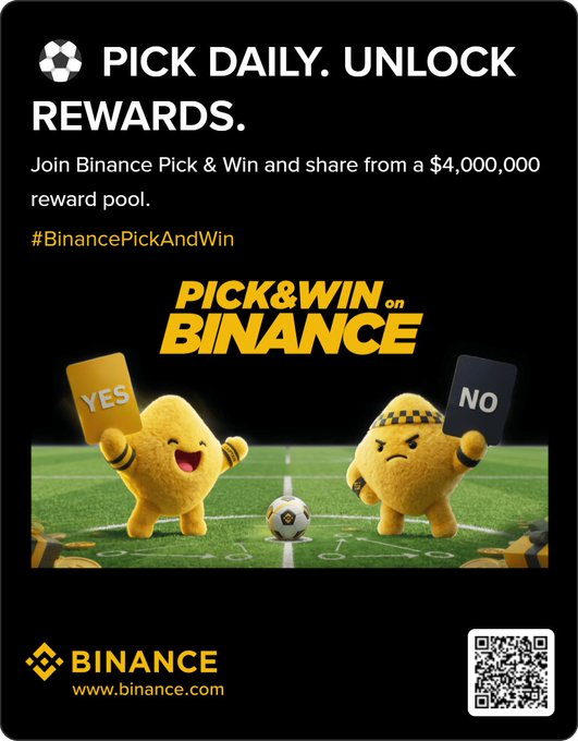 The image features a poster for a promotional event at Binance, which encourages people to join and participate in a football game by using the hashtag #pickandwin. The poster includes two cartoon characters representing different teams playing soccer, with one character holding a soccer ball while the other has a "no" sign on its head. The text on the poster highlights that there is a reward for those who participate in the event and share their experiences on social media using the hashtag #pickandwin.