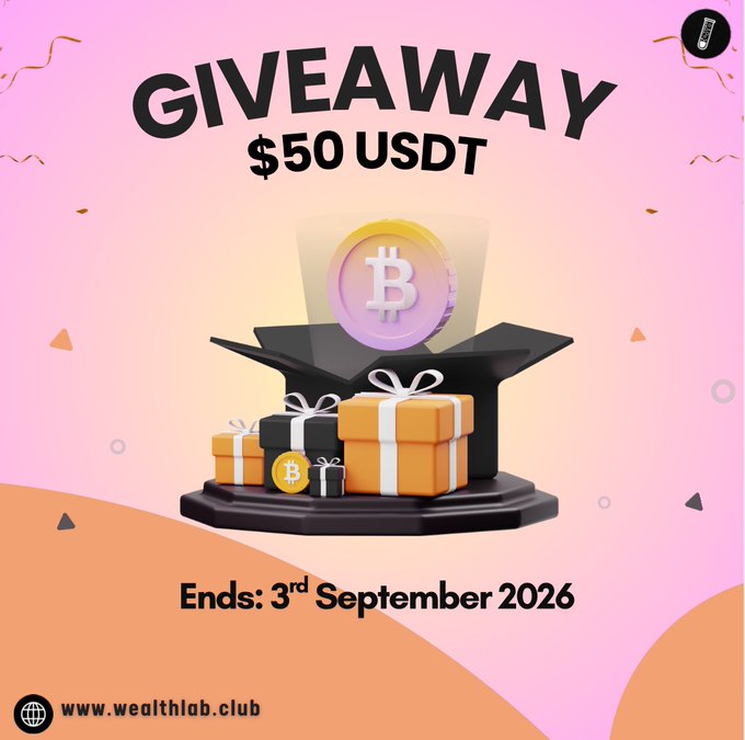 A pink and orange promotional graphic announces a "$50 USDT GIVEAWAY" from WealthLabClub, featuring a Bitcoin coin emerging from a gift box surrounded by presents, with the contest ending "3rd September 2026." The image visually reinforces the post's giveaway announcement tied to the crypto education platform's weekly X-Space event.