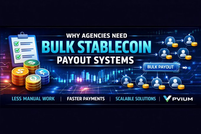 A banner titled 'WHY AGENCIES NEED BULK STABLECOIN PAYOUT SYSTEMS' with subtitles 'LESS MANUAL WORK | FASTER PAYMENTS | SCALABLE SOLUTIONS' and the 'PVIUM' logo, showing coins, a checklist, and user icons.