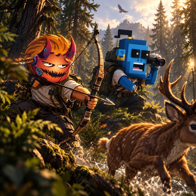 A digital artwork showing two cartoon-style characters—an orange demon-like archer and a blue block-headed figure with a camera—hunting a deer in a sunlit forest.