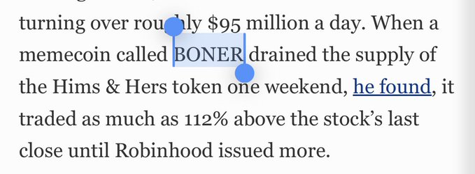 A close-up of a text excerpt about a memecoin called BONER that traded 112% above a stock's last close after draining the supply of the Hims & Hers token.