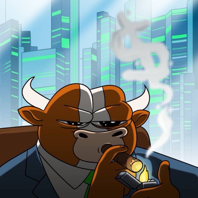A cartoon bull wearing a suit smokes a cigar against a futuristic cityscape background, with a dollar sign symbol rising in the smoke.
