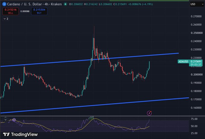 A 4-hour Cardano (ADA/USD) candlestick chart on TradingView shows ADA priced at 0.21691, up 4.19%, with an ascending triangle pattern forming between two converging trendlines and an RSI indicator at the bottom—supporting the post's claim that ADA is rallying toward the upper resistance line near the $0.23 target.