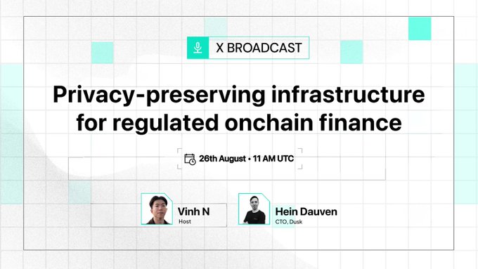 The image is a promotional graphic for an X (Twitter) Broadcast titled "Privacy-preserving infrastructure for regulated onchain finance," scheduled for August 26th at 11 AM UTC, featuring host Vinh N and guest Hein Dauven, CTO of Dusk. It relates to the post by announcing the upcoming SURGECAST episode where Dauven will explain why transparent blockchains are unsuitable for real financial markets due to privacy concerns.
