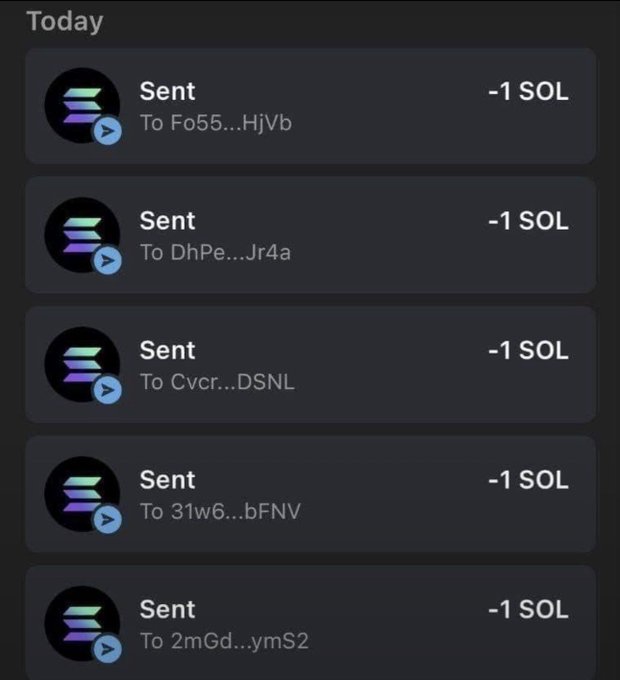 A crypto transaction history displays five consecutive "Sent" entries today, each showing "-1 SOL" transferred to different Solana wallet addresses (Fo55...HjVb, DhPe...Jr4a, Cvcr...DSNL, 31w6...bFNV, and 2mGd...ymS2), illustrating the user's participation in a giveaway where they sent 1 SOL each to multiple wallets.