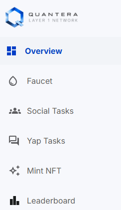 The Quantera Layer 1 Network menu displays navigation options including Overview, Faucet, Social Tasks, Yap Tasks, Mint NFT, and Leaderboard.
