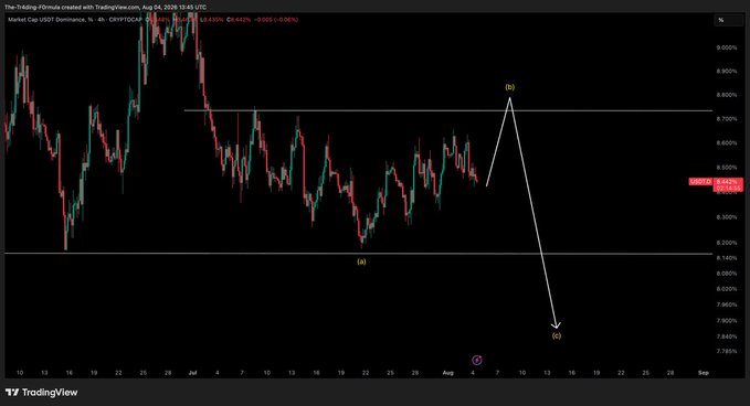 A 4-hour TradingView chart of USDT.D (USDT Dominance) showing a potential Elliott Wave count with a projected three-wave decline from point (b) toward (c), supporting the post's outlook of a short-term bounce followed by a larger drop in USDT Dominance — which aligns with Bitcoin's expected leg up.