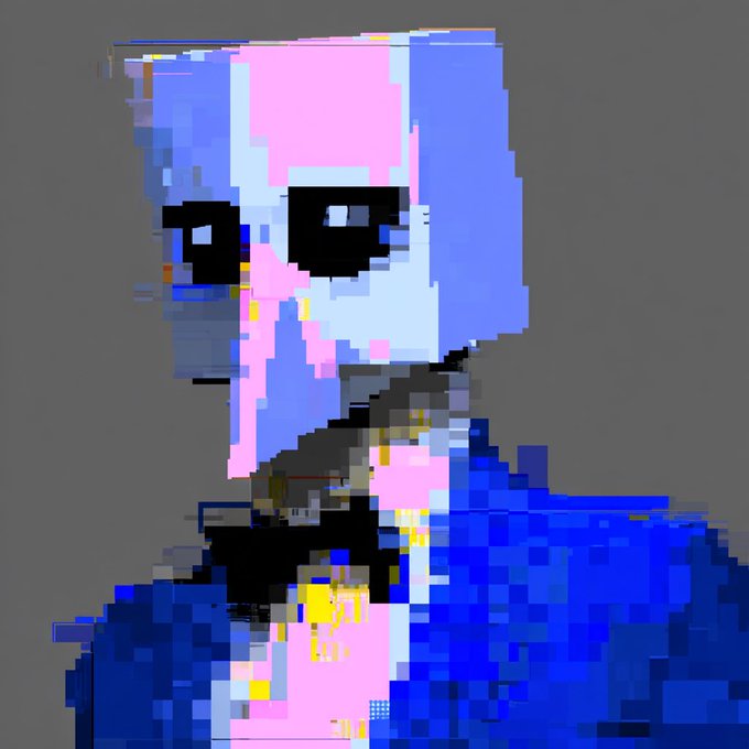 A pixelated/glitch art portrait of a figure with pink and blue tones, sunglasses, and a blue jacket against a gray background.