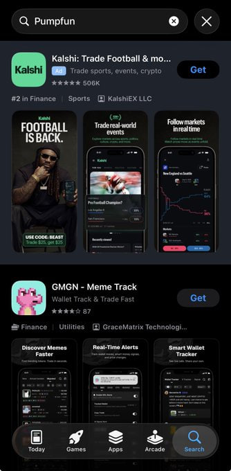 The image shows an App Store search results page for "Pumpfun," displaying apps like Kalshi (ranked #2 in Finance with 506K ratings) and GMGN - Meme Track (87 ratings), with Pumpfun notably absent from the results. This visually supports the post's claim that the Pumpfun app has been removed from India's App Store, effectively cutting off access for the country's massive 1.4 billion population.