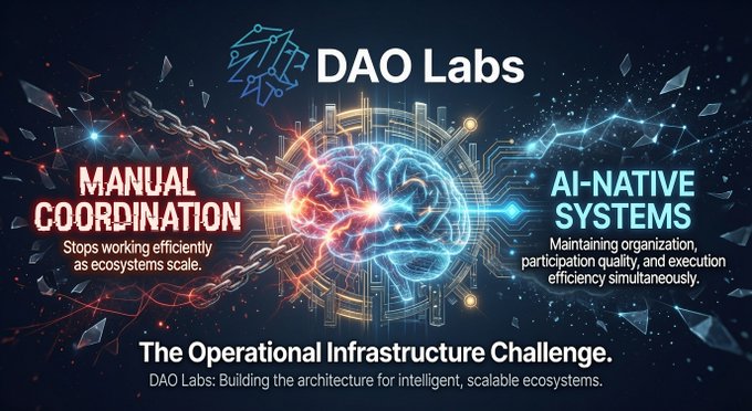 Promotional graphic for 'DAO Labs' contrasting 'MANUAL COORDINATION' (which 'stops working efficiently as ecosystems scale') with 'AI-NATIVE SYSTEMS' (which maintain organization, participation quality, and execution efficiency simultaneously), subtitled 'The Operational Infrastructure Challenge.'