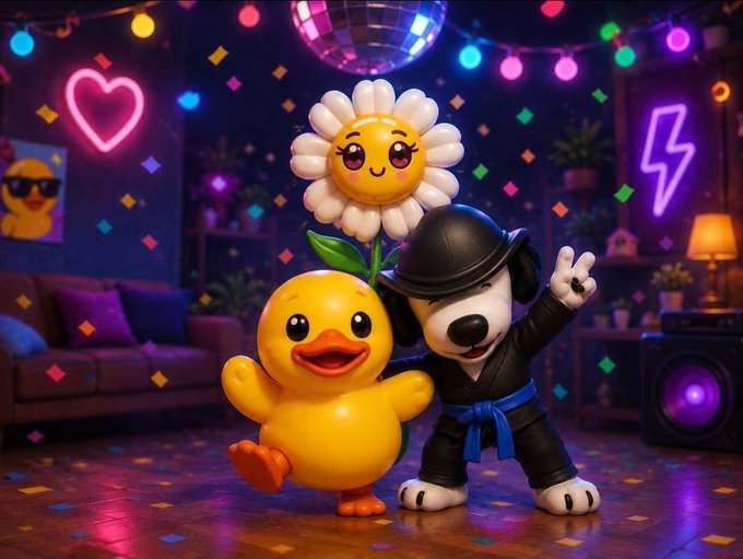 The image features a cartoon scene with two characters - a duck and a dog. The duck has a flower on its head, while the dog is wearing a hat. They are standing together in front of a disco ball that adds a vibrant touch to the scene. The background includes colorful lights and neon shapes, creating an energetic atmosphere. The post also mentions that the character Daisy is actually a huugee third banger from the legend @zhgun after Redo, which could be interpreted as a reference to the popular cartoon series @zhgun.