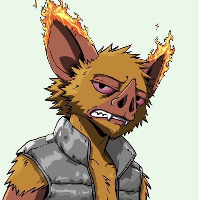 A digital illustration of an anthropomorphic boar with brown fur, pink eyes, wearing a grey puffy vest, and sporting flames on its ears.