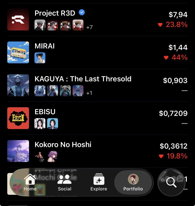 A mobile app portfolio screen showing anime project listings: Project R3D ($7.94, -23.8%), MIRAI ($1.44, -44%), KAGUYA: The Last Threshold ($0.903), EBISU ($0.7209), and Kokoro No Hoshi ($0.3612, -19.8%) with a bottom navigation bar.