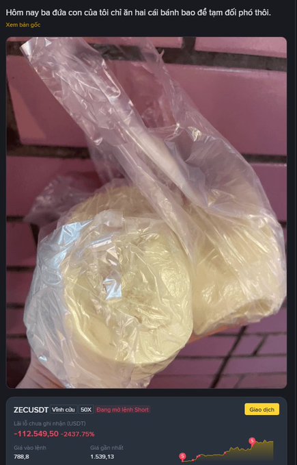 A social media post screenshot showing a Zecusdt (ZEC/USD) price drop of -2,437.75%, with Vietnamese text above an image of two pale round buns in a plastic bag.