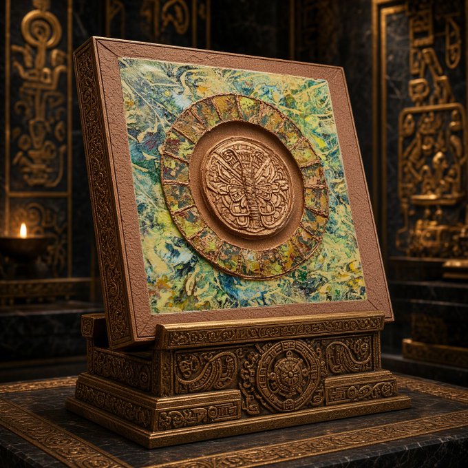 An ornate, ancient-style square artifact or book cover with intricate carvings, a central circular emblem, and colorful mosaic-like panels, displayed on a decorative pedestal.