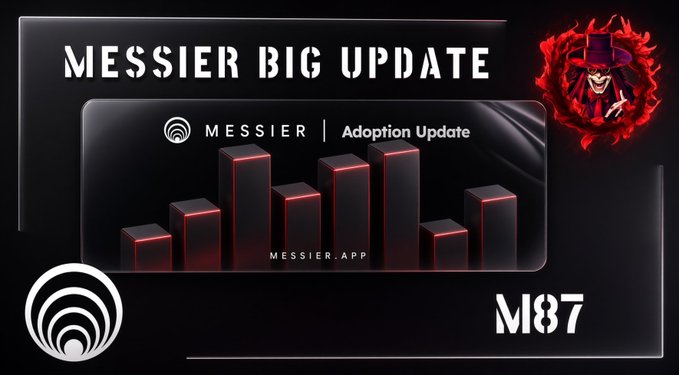 Promotional banner announcing the "Messier Big Update" for the M87/Messier project, featuring a dark-themed graphic with red 3D bar charts labeled "Messier | Adoption Update" and "Messier.app," alongside a red-hooded character mascot and the M87 ticker, visually reinforcing the post's excitement about the upcoming multi-step strategy to improve products and expand user adoption.