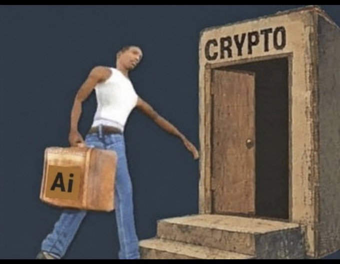 A meme-style image showing a person walking toward a wooden door labeled "CRYPTO" while carrying a briefcase labeled "Ai," depicting a transition or move into the cryptocurrency space.