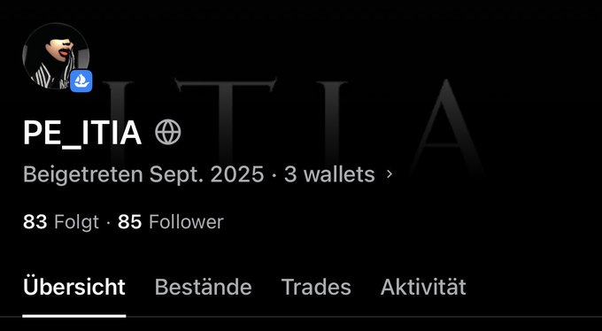 A profile page for user "PE_ITIA" on what appears to be a crypto/NFT platform, showing they joined in September 2025 and have 3 wallets, with 83 following and 85 followers. The post context indicates this user is promoting their presence on OpenSea to connect with others in the crypto community.