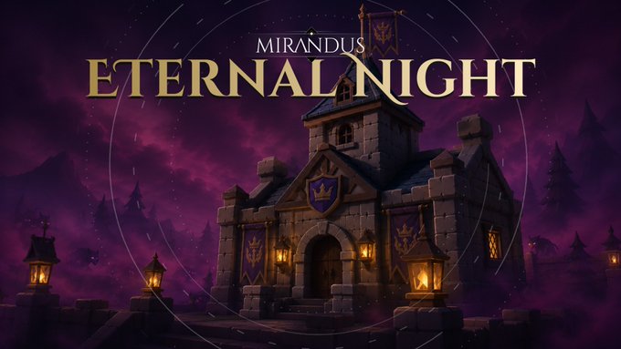 Promotional artwork for the "Mirandus Eternal Night" update by Gala Games, featuring a stone fortress under a dark purple sky with the title text "MIRANDUS ETERNAL NIGHT" displayed prominently above it. The haunting, moonlit castle scene visually represents the game's new nighttime themed content and gameplay features announced in the update.