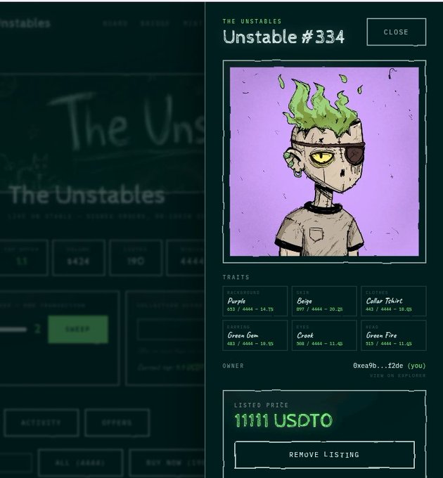 An NFT marketplace interface showing 'Unstable #334' - a character with green flame hair and an eyepatch on a purple background - listed at '11111 USDT0' with traits including 'Purple', 'Sage', 'Cedar T-shirt', 'Green Gem', 'Crack', and 'Green Fire'.