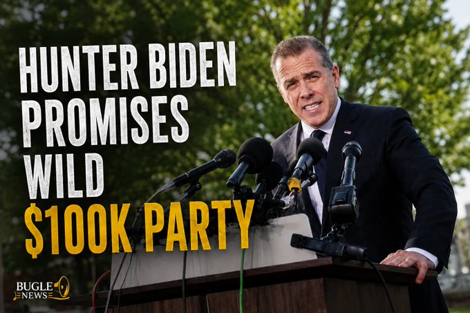 Hunter Biden stands at a podium with microphones, alongside large text reading "HUNTER BIDEN PROMISES WILD $100K PARTY" with a "BUGLE NEWS" logo. The image accompanies a post announcing his upcoming $100k party at Martha's Vineyard.