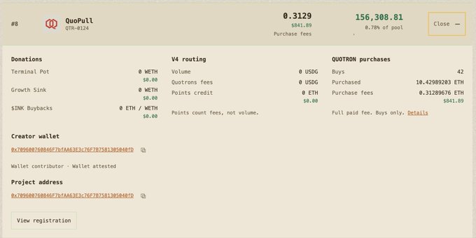 A QuoPull dashboard displaying V4 routing details, QUOTRON purchases, and various fees and balances.