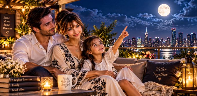 A warm, romantic promotional image showing a family—a man, woman, and young girl—sitting together on a balcony at night, pointing at a full moon over a city skyline, with the text 'Better Together' visible on a pillow.