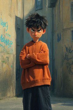 A stylized animated illustration of a young boy with messy dark hair and an angry expression, wearing an orange sweater with his arms crossed, standing in front of a graffiti-covered wall.
