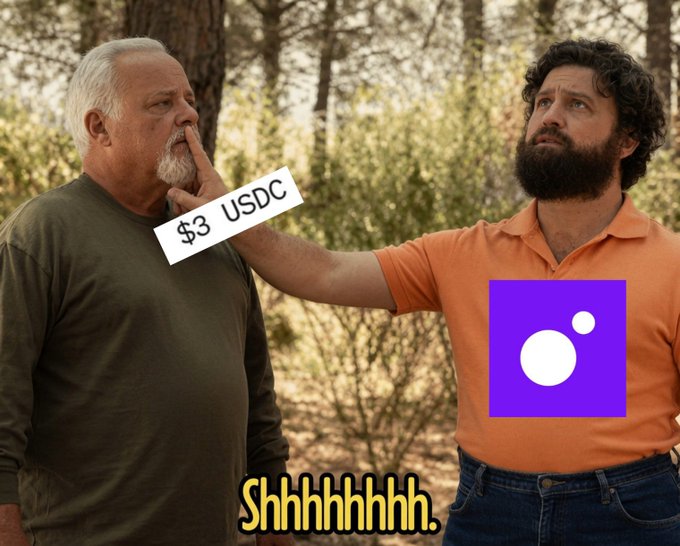 Two men stand in a wooded setting—the older man with white hair on the left is being shushed by the younger bearded man in an orange shirt, whose chest displays a purple logo. Text overlays read "$3 USDC" on a finger-to-lips gesture and "Shhhhhhh." at the bottom, suggesting a meme about MoonPay's transaction fees (3 USDC) being kept quiet from disappointed users.