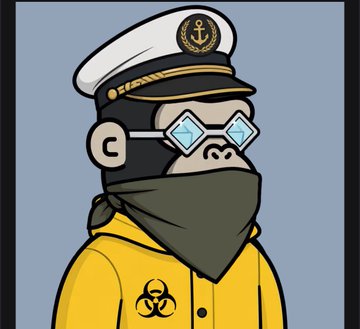 The image features a cartoon character wearing a yellow jacket with a black bandana, goggles, and glasses. The character has a white hat adorned with gold accents that includes an anchor emblem. The character appears to be wearing a lab coat or a protective suit, suggesting they might be a scientist or researcher. The post is titled "Just aped into @ape0nchain" and contains text about the art project, which seems to be gaining popularity among users.