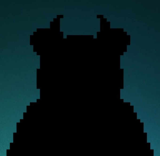 A dark pixelated silhouette of a horned or armored figure is shown against a gradient teal-to-dark background.