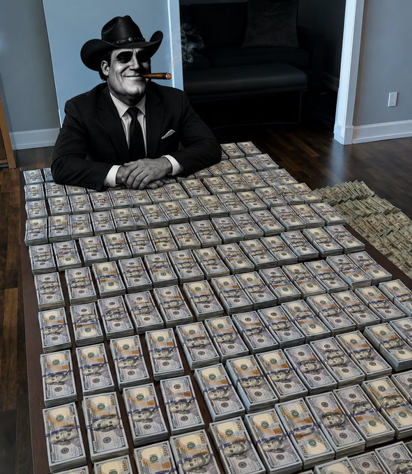 This photo showcases a man sitting at a dining table filled with stacks of US dollar bills, possibly implying that he has accumulated substantial wealth. The photo itself features an element of surrealism, suggesting it might be from an artistic project or photograph. The caption reads "Sooner or later everyone will try to catch every dip of $Pain", which adds a humorous and ironic twist to the image's overall theme. This caption may be interpreted as a commentary on how people often chase after money and material possessions, even if they are not truly valuable in terms of happiness or fulfillment.