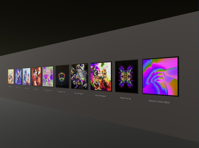 A virtual gallery display showing a row of digital artworks in frames, including titles like 'Time Piece', 'Blinded Voyager', 'Flutter on by', and 'distant shore 0021'.