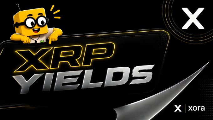 A promotional graphic features a yellow cartoon mascot with glasses next to bold 'XRP YIELDS' text on a black background, with 'xora' branding in the corners.