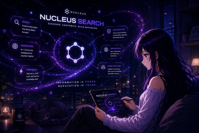 A promotional graphic for 'Nucleus Search' features an anime-style girl using a tablet, with interface elements highlighting Search, Understand, Contribute, Data Protection, Own Your Data, and Power the Future features.