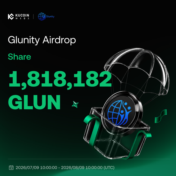 A KuCoin Web3 Glunity Airdrop promotion showing a share of 1,818,182 GLUN tokens, with the campaign running from 2026/07/09 to 2026/08/09.