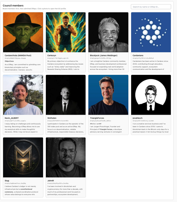 The image shows a grid of 10 DRep Council member profiles on drepcouncil.org, including Cardano/Yoda (MANDA Pool), Cerkoryn, Blockcs (James Meidinger), Cardiansrs, Kevin_ALBERT, Wolfden, TriangleForces, jimkilbach, Stsy, and JohnD, each with a photo and brief bio. This directly illustrates the post's claim that 10 DReps have registered with the Council, featuring Cerkoryn among the listed members.