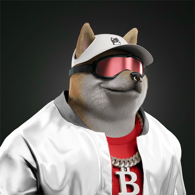 The image features a mannequin dressed in a white jacket, red shirt, and black sunglasses with a gold chain around its neck. The mannequin has a beard and is wearing a baseball cap. The background of the image is black, which contrasts with the white jacket and red shirt, making them stand out. The post that accompanies this image reads: "Stack the Shibas! #ShibaSocialClub #Pinnacle #TheConfluence @Shibaclubnft".