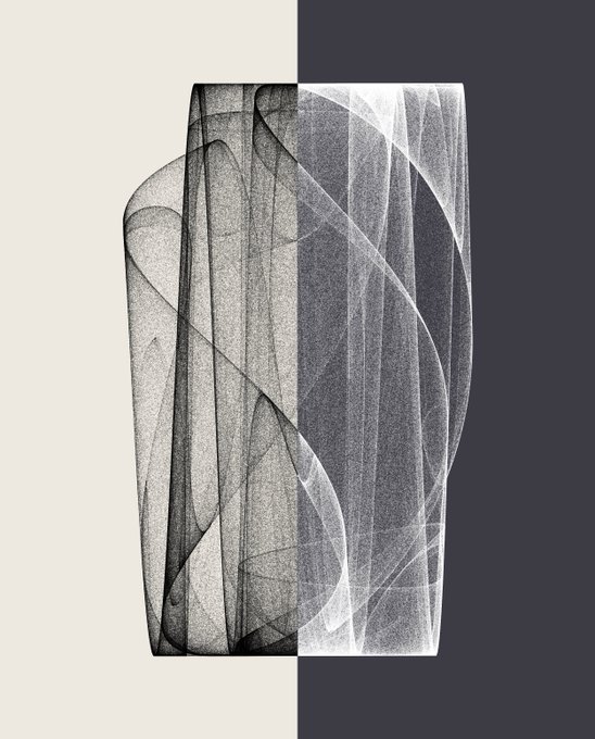An abstract digital artwork displaying translucent, flowing, smoke-like fabric drapes split between a light cream background on the left and a dark gray background on the right.
