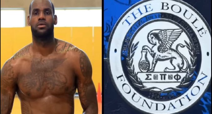 Side-by-side image showing a shirtless man with a large tattoo on his chest alongside a plaque for "The Boule Foundation" featuring a sphinx emblem and Greek letters (ΣΔΠΦΦ), suggesting social media users have pointed out the resemblance between his chest tattoo and the organization's logo.