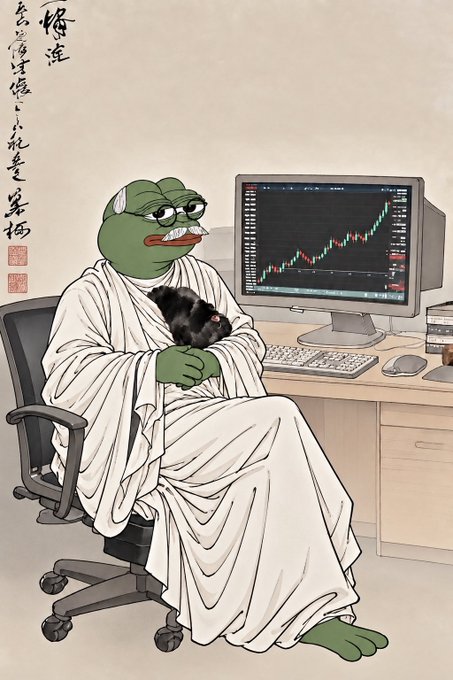 The image depicts a weary Pepe the Frog dressed in a white robe, sitting at a computer desk holding a cat, while staring at a candlestick chart on the monitor—capturing a moment of tense watchfulness. The accompanying post about corn lagging while alts stay flat mirrors the patient, almost stoic anticipation captured in Pepe's concentrated gaze at the chart.