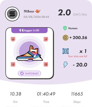 A fitness/sneaker app screenshot showing a jogging achievement for user TKBoss with stats: 10.38 Km, 01:40:49 Time, 11665 Steps, earning +200.56 coins at 2.0 GMT/Min.