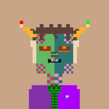 A pixel art illustration of a green and teal-skinned character with horns, glowing orange eyes, white hair, and a purple shirt against a tan background.