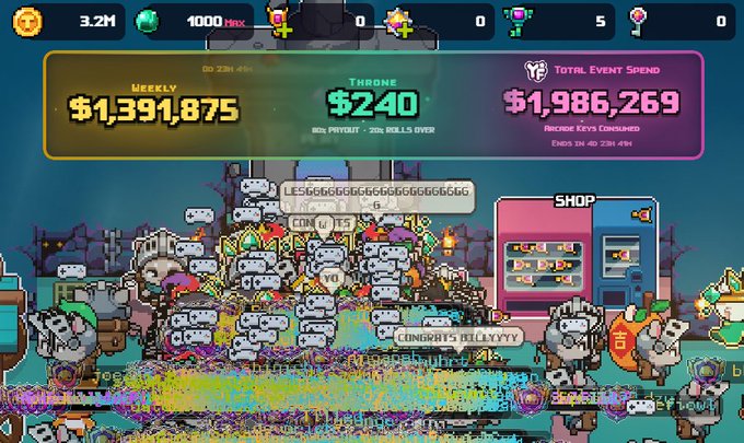 Screenshot of a pixel-art multiplayer game showing a Weekly earnings of $1,391,875, a Throne section with $240 (payout in 31h 19m 27s), and Total Event Spend of $1,986,269, with player avatars and shop interface visible.