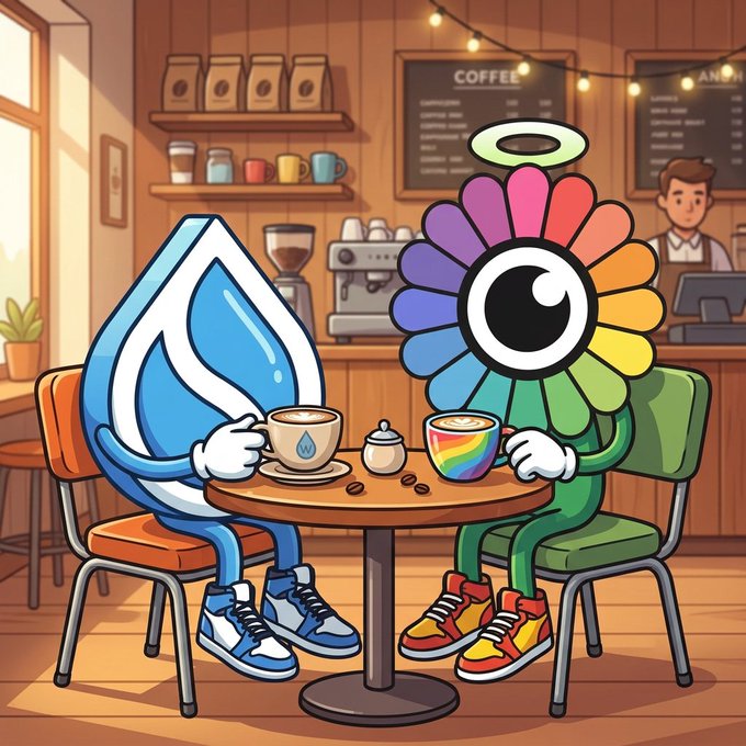 A cartoon illustration of the Sui blockchain logo (a blue water drop character) and a Takashi Murakami-style rainbow flower character sitting across from each other at a coffee shop table drinking coffee, with a barista and 'COFFEE' menu board in the background.