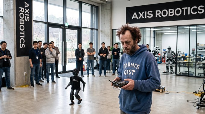 A photograph shows a man wearing a blue 'Farmer Cist' hoodie operating a small humanoid robot with a controller at a facility labeled 'AXIS ROBOTICS', while a group of observers watches in the background.