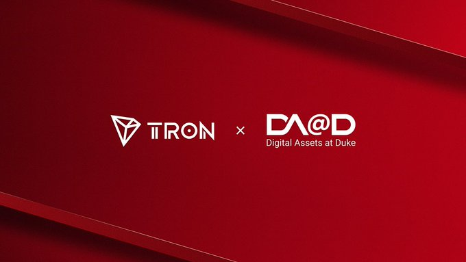 A red promotional graphic featuring the TRON logo alongside 'DA@D Digital Assets at Duke' with an 'x' between them, indicating a partnership or collaboration.