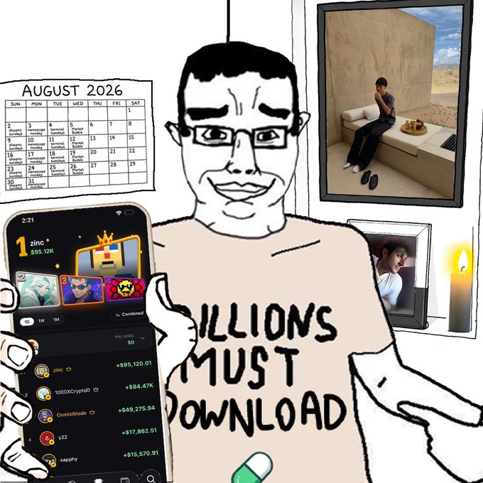A hand-drawn figure wearing a "Millions Must Download" shirt holds up a phone showing the Pumpfun app with the ticker "zinc" ranked #1 at $95.12K, alongside a calendar marked "August 2026" with various "terminal croissants" entries and photos of a man on a patio and in a vintage-style frame, all celebrating the creator's $MIST token making Pumpfun's front page.