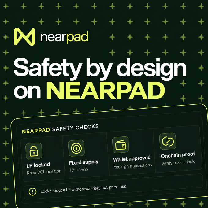 A promotional graphic for NEARPAD titled 'Safety by design on NEARPAD' listing four safety checks: LP locked (Rhea DCL position), Fixed supply (1B tokens), Wallet approved (you sign transactions), and Onchain proof (verify pool + lock).